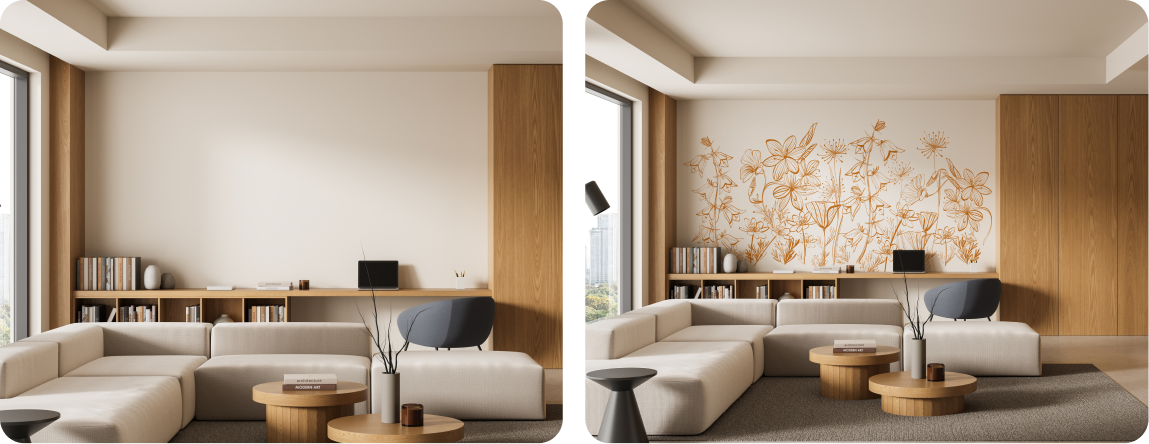 Family Living Space Wall Mural | Plaster Botanical Feature